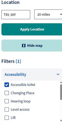 Screenshot of location and expanded filters option