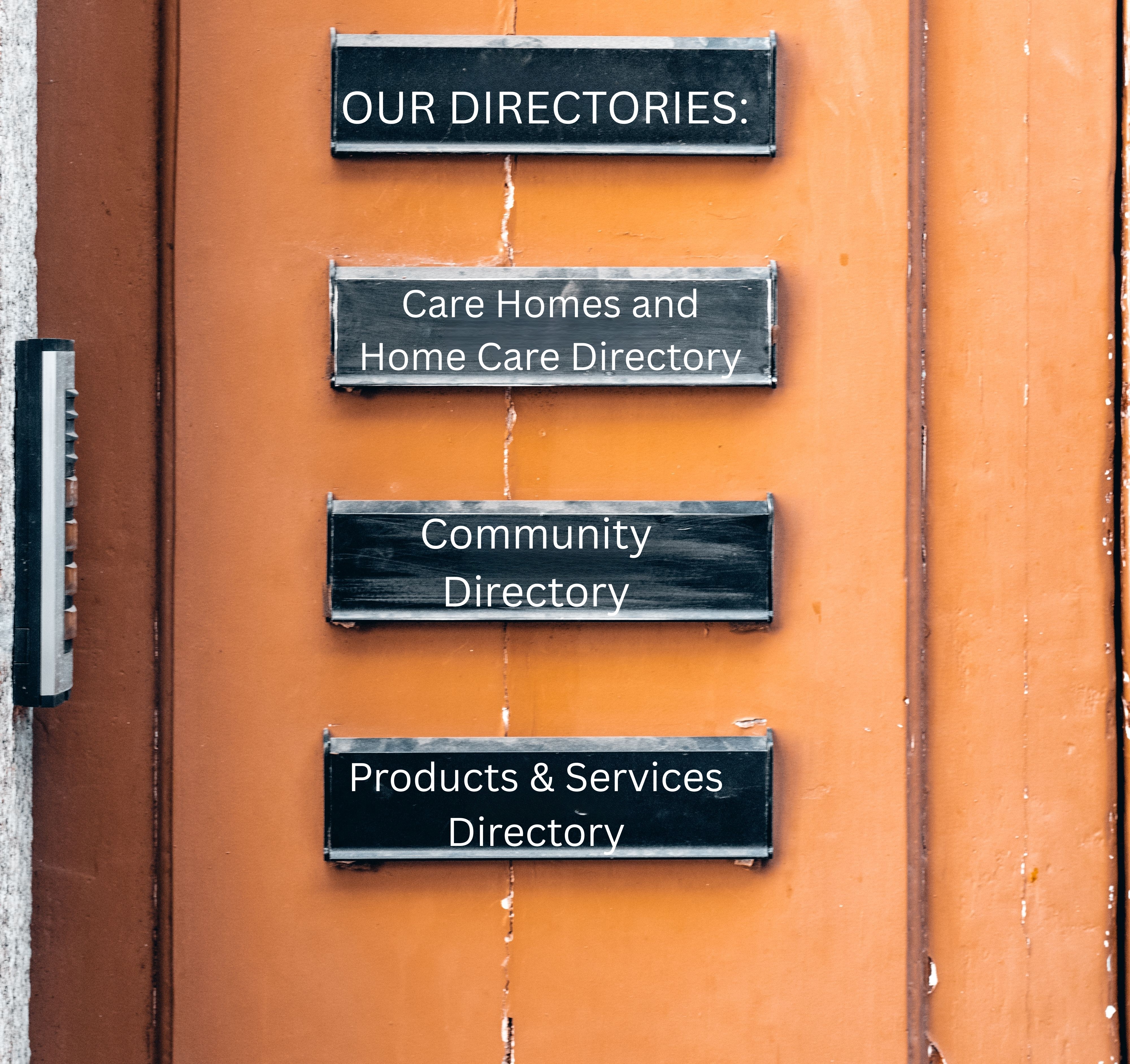 Front door with four blackboards with names of the directories 